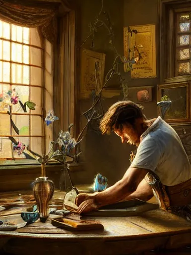 Image similar to a magical male socerer, working in a table with rare artifacts. weeds and flowers growing on the floor. intricate, elegant, highly detailed, digital painting, artstation, concept art, sharp focus, illustration, by justin gerard and artgerm, 8 k