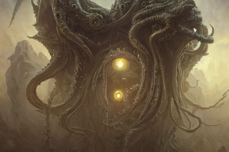 Image similar to a lovecraftian painting of cthulhu rising, cosmic horror elements, ultra realistic, concept art, intricate details, eerie, highly detailed, photorealistic, octane render, 8 k, unreal engine. art by artgerm and greg rutkowski and alphonse mucha