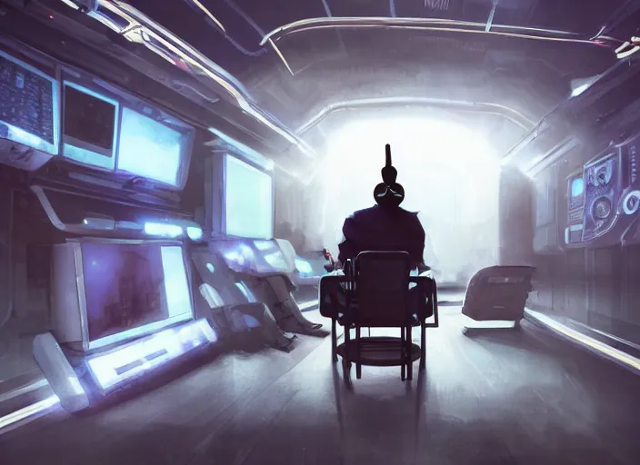 Prompt: a man sitting on a chair with things attached to his head, screens and monitors in front of him playing videos, ship interior, narrow hallway, scifi colors, dramatic lighting, dark, spotlight, surreal, by rutkowski, magali villeneuve