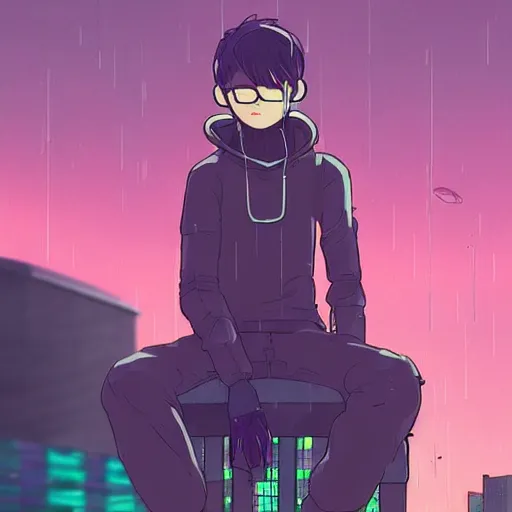 Image similar to android mechanical cyborg anime guy overlooking overcrowded urban dystopia sitting. Pastel pink clouds baby blue sky. Gigantic future city. Raining. Makoto Shinkai. Wide angle. Distant shot. Purple sunset. Sunset ocean reflection. Pink hair. Pink and white hoodie. Cyberpunk. featured on artstation. robotic wired knee. Wearing a sweater.-S 1216826879