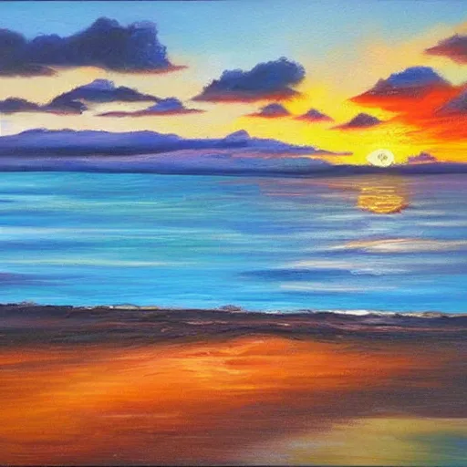 Image similar to sunset over a wooden cabin on the coast, sea, oil painting, very detailed, colorful