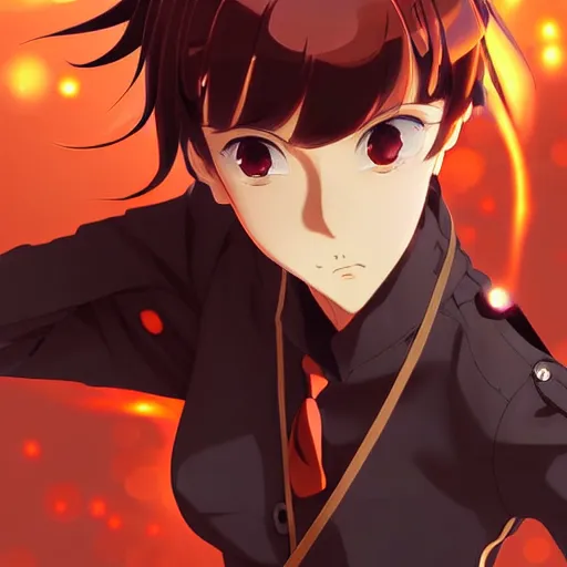 Image similar to makoto shinkai, artgerm, ilya kuvshinov, steampunk beautiful anime woman, red shirt brown pants, black and red hair hair, symmetrical face, symmetrical eyes, second anime woman with orange hair and black pants, action scene, shooting fire war, detailed, summer setting, cinematic lighting