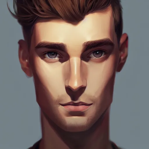 Prompt: tall chunky man in his twenties with brown blond short regular haircut and round facial structure with cleft chin, straight eyebrows, slightly smiling, cheekbones, straight nose, wider face, shadow of beard, atmospheric lighting, painted, intricate, 4 k, highly detailed by charlie bowater