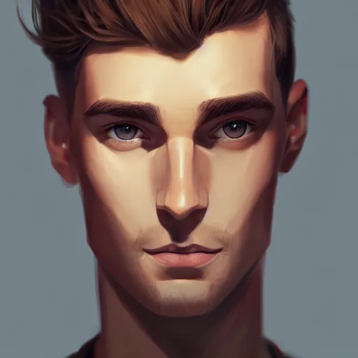 Image similar to tall chunky man in his twenties with brown blond short regular haircut and round facial structure with cleft chin, straight eyebrows, slightly smiling, cheekbones, straight nose, wider face, shadow of beard, atmospheric lighting, painted, intricate, 4 k, highly detailed by charlie bowater