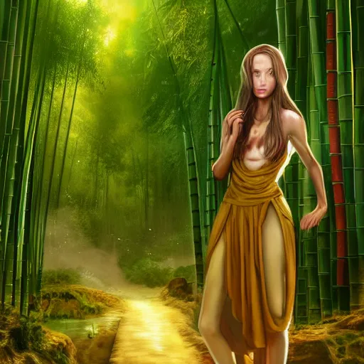 Image similar to A beautiful elvish giantess wearing a sundress and sandals ,detailed body and eyes,proper anatomy, bamboo forest in the background, beautiful lighting,,digital art , highly detailed , high contrast, beautiful lighting, award winning , trending on art station, 8k, photo realistic,unreal engine 5