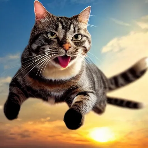 Image similar to a hyper realistic photo of a superhero cat flying in the sky. the sky is blue and it ’ s sunny. she is accelerating very fast.