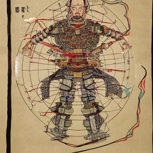 Image similar to a brilliantly colored Japanese scroll of an exploded diagram of a detailed engineering schematic of a cyborg samurai made by an AI in the pose vitruvian man in the style of jean giraud , post-processing , award winning, photo realistic, aged blood stains