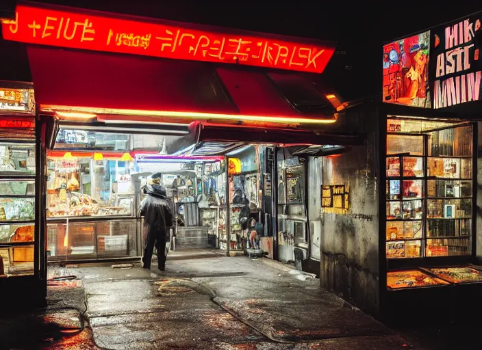 Prompt: the only open cyberpunk blade runner fast food stand in the cyberpunk city during a melancholy rainy night