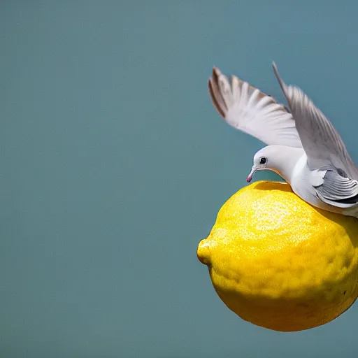 Image similar to a dove carrying a lemon, nature photography, 8k