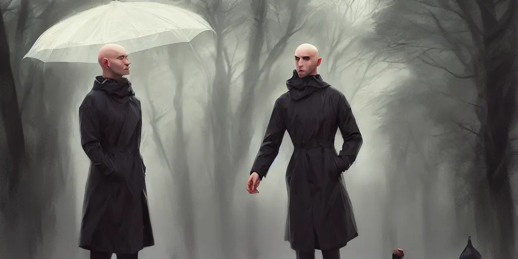 Image similar to caucasian ( ( ( ( bald young man ) ) ) ) dressed in raincoat in park, male, clear face, masculine, upper body, elegant, highly detailed, digital painting, artstation, concept art, matte, sharp focus, illustration, art by artgerm and greg rutkowski and alphonse mucha