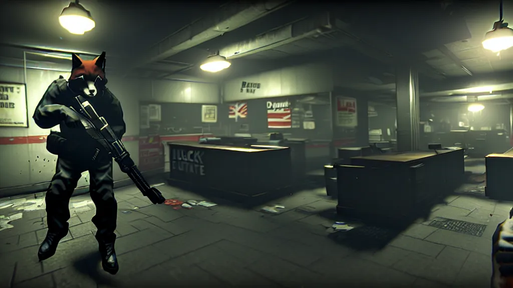 Image similar to screenshot from the pc game payday 2 demonstrating the fursuit unlock - hoxton? more like foxton.