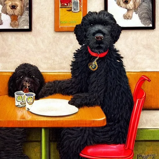 Image similar to Black Goldendoodle with a bright face and a puppy sitting at a diner drinking a cup of coffee, looking melancholy, Norman Rockwell style