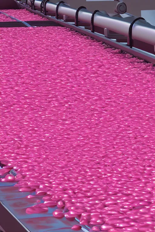 Prompt: Factory Conveyor Belt of pink liquid, photorealistic, ultra detailed, 4k