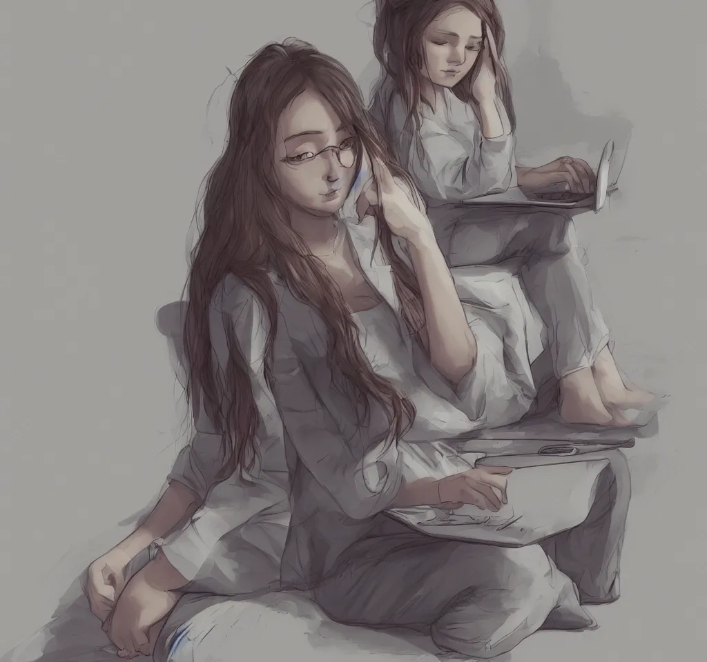 Image similar to girl in pyjamas sitting at computer, rings around tired eyes, early morning, digital art, drawing, artstation