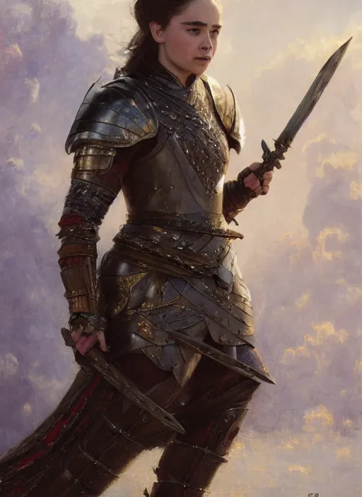 Image similar to short muscular woman wearing thick medieval armour, emilia clarke, detailed by gaston bussiere, bayard wu, greg rutkowski, maxim verehin, greg rutkowski, masterpiece, sharp focus, cinematic lightning