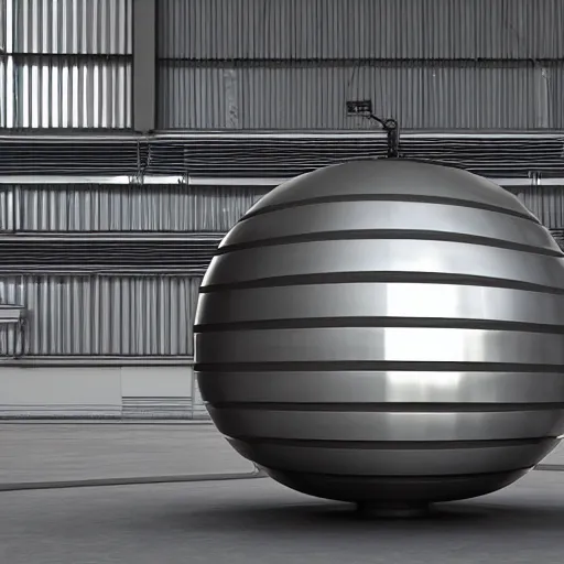 Image similar to big metallic capsule connected to pipelines, purpose is pump, standing in large industrial hall, designed by best engineers, raytracing, reflections