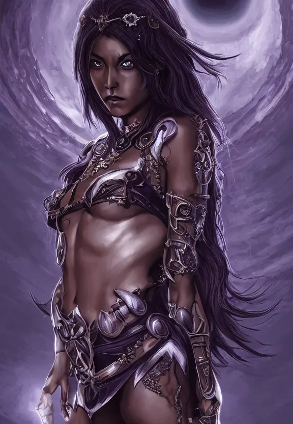 Image similar to dark elf girl oil painting, symmetrical, short dress, glowing eyes, intricate details, full body, detailed face, ultradetailed, 8 k, epic atmosphere, digital art by simon cowell and moebius