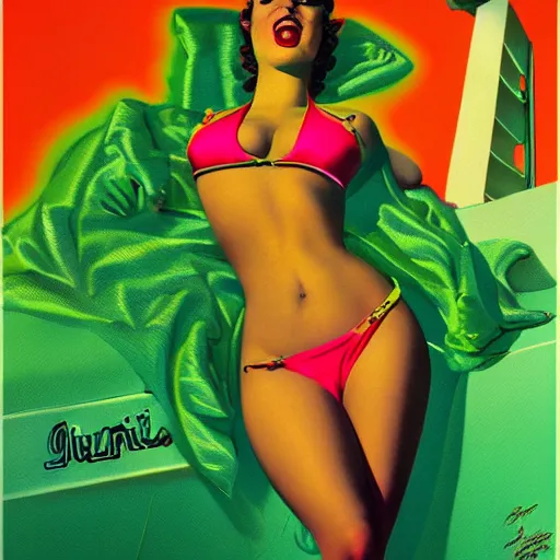Prompt: portrait of pin up girl in a neon green bikini, visible aura of madness distorting the surroundings, occult details, high quality, 8 k by art frahm