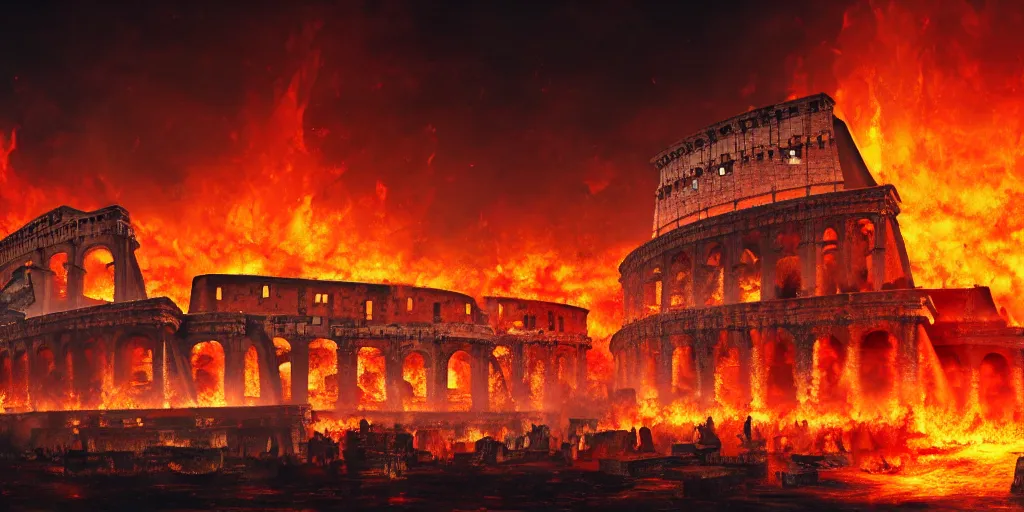Prompt: painting of the great fire of rome, abstract, realism, 8 k, detailed, terror, octane render, 3 d render, complex emotion, glow, orange, beautiful, cinematic