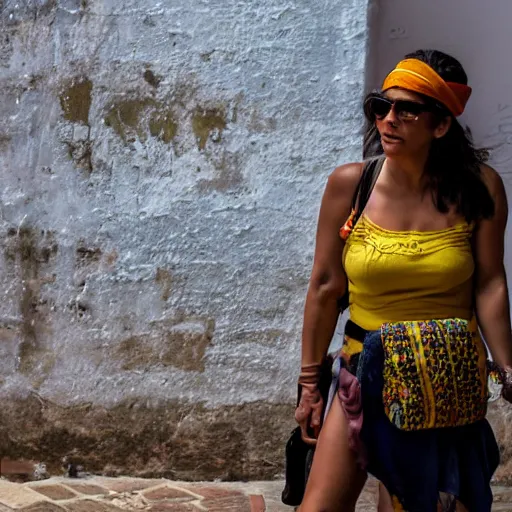 Prompt: Beautiful colombian woman walking in cartagena colombia streets