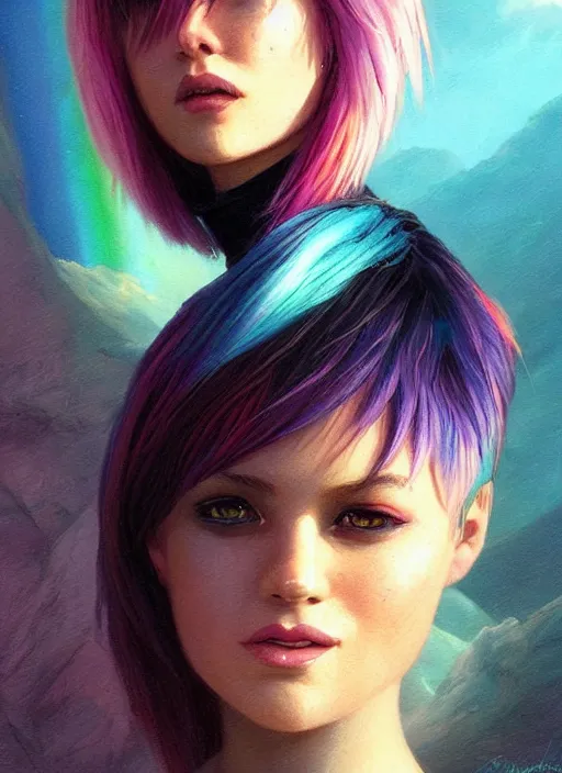 Image similar to girl with rainbow hair, pixie haircut, beautiful highly detailed face, complementary lighting, backlit, black eyeshadow, grinning, adventure, dramatic lighting, landscape background, beautiful painting by artgerm and greg rutkowski and raymond swanland