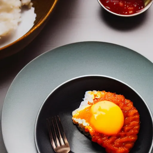 Image similar to a minimalist eating omurice on a embossed silver plate, color restoration, clear focus, golden hour