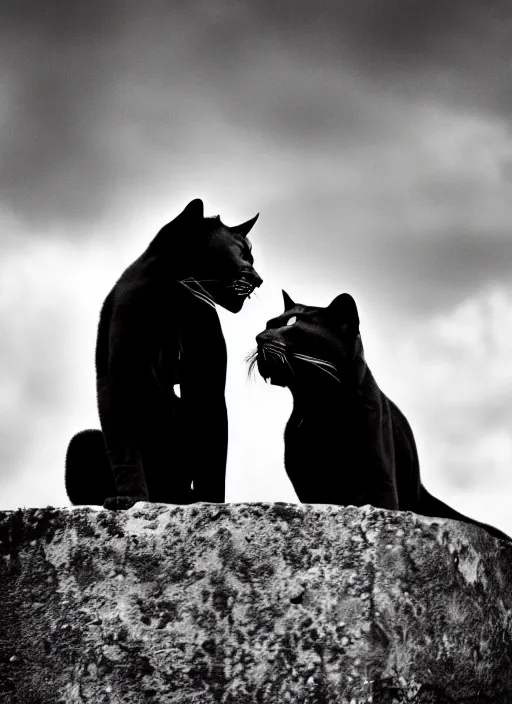 Image similar to two black panthers black and white portrait white sky in background