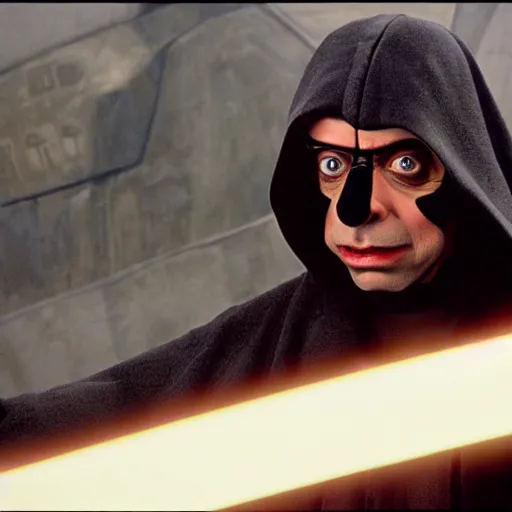 Image similar to mr. beans as a sith lord in star wars, film still, cinematic, extremely detailed