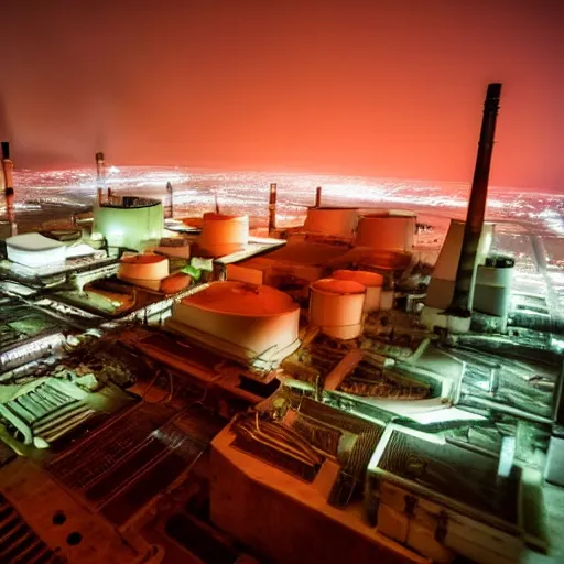 Prompt: photo of an inside nuclear power plant at night birds eye view inception cinematic