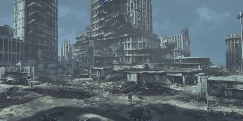 Image similar to fallout concept art neodeco singular building render grim realistic lighting unreal engine 5