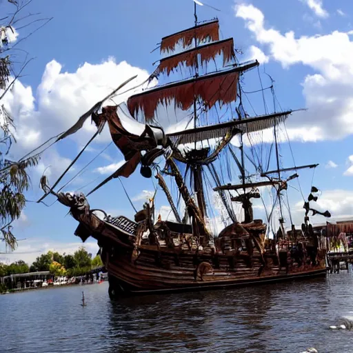 Image similar to a pirate ship, parked in a lake at a mall