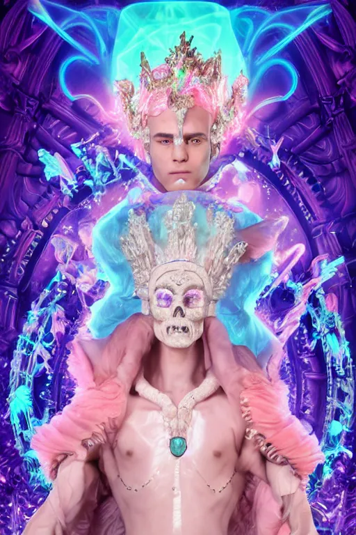 Prompt: full-body rococo and cyberpunk delicate neon crystalline sculpture of ((handsome muscular onyx albino prince Zayn Malik)) as an blue iridescent humanoid deity wearing ((peach plastic hooded cloak)) (holding an onyx skull) in a onyx castle dungeon, reclining, glowing pink face, crown of (pink lasers), large blue diamonds, swirling black silk fabric. futuristic elements. oozing glowing liquid, full-length view. space robots. intricate artwork by caravaggio. Trending on artstation, octane render, cinematic lighting from the right, hyper realism, octane render, 8k, depth of field, 3D