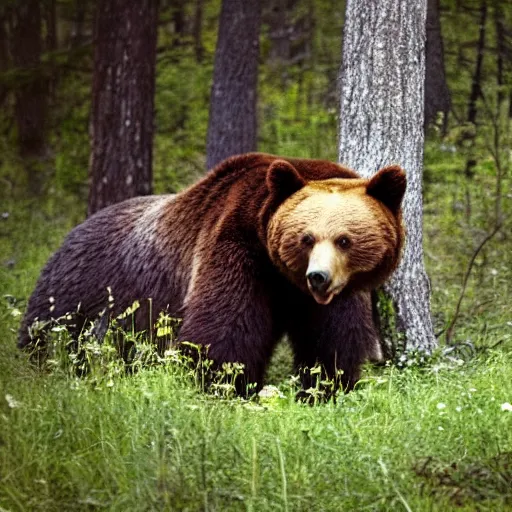 Prompt: it eating a bear in the woods. horror film photograph.