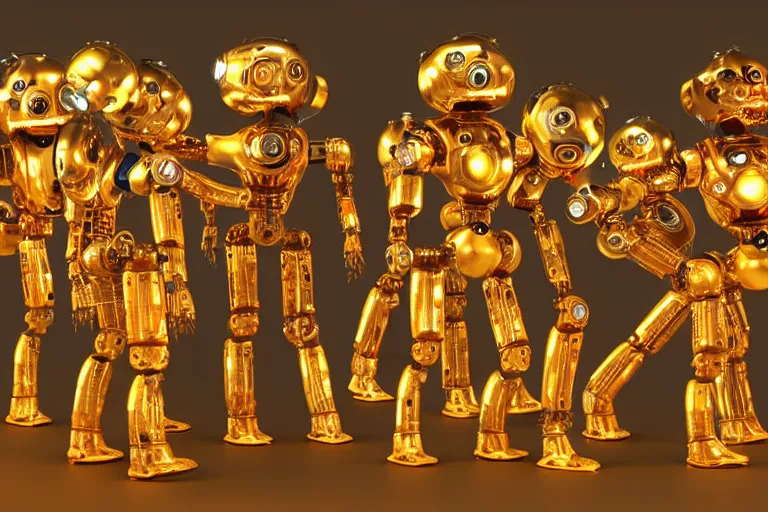 Prompt: 7 golden and blue metal humanoid steampunk robots dancing on a theaterstage, robots are wearing and gears and tubes, eyes are glowing red lightbulbs, shiny crisp finish, 3 d render, 8 k, insaneley detailed, fluorescent colors, nightlight