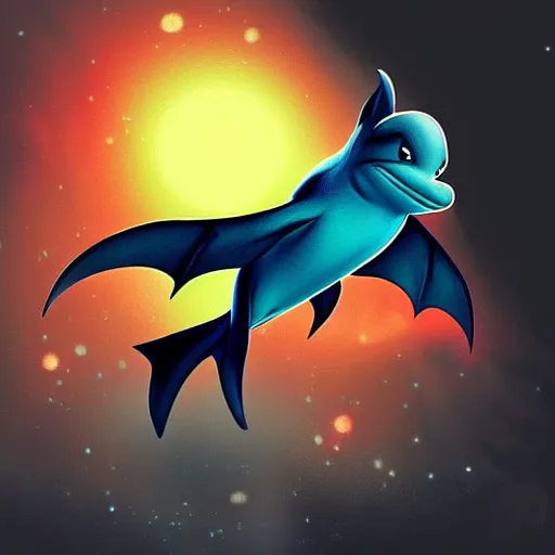 Image similar to “ dolphin in the style of how to train your dragon holding laser gun, floating alone, with a black background, digital art, award winning, trending on art station, retro style ”