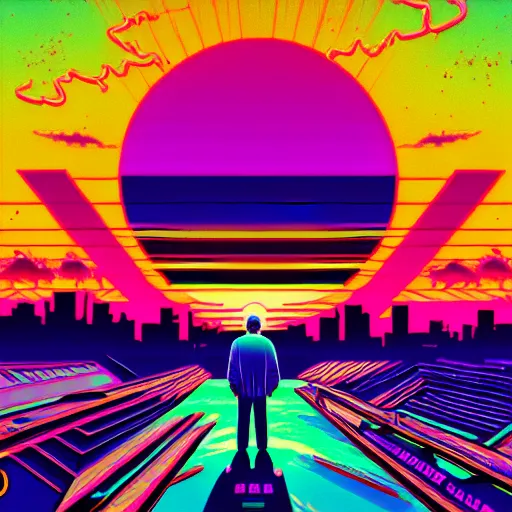 Image similar to man looking at the outrun sun, synthwave, 8 0 s, high details, trending on artstation