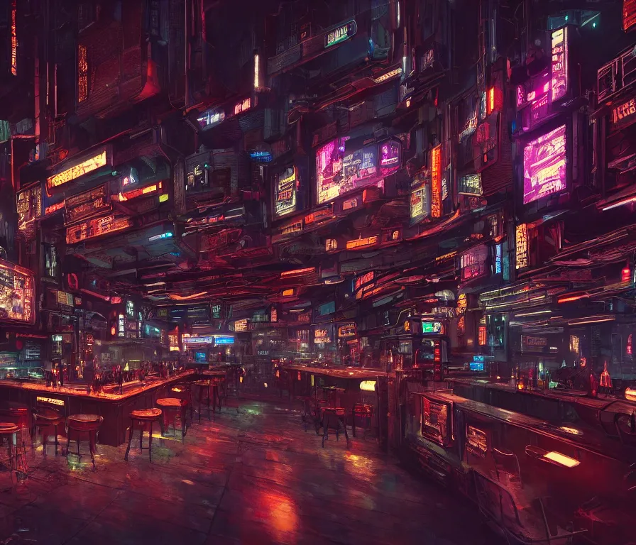 Image similar to a bar from a cyberpunk film, cinematic, hyper detailed, hd, 1 6 k