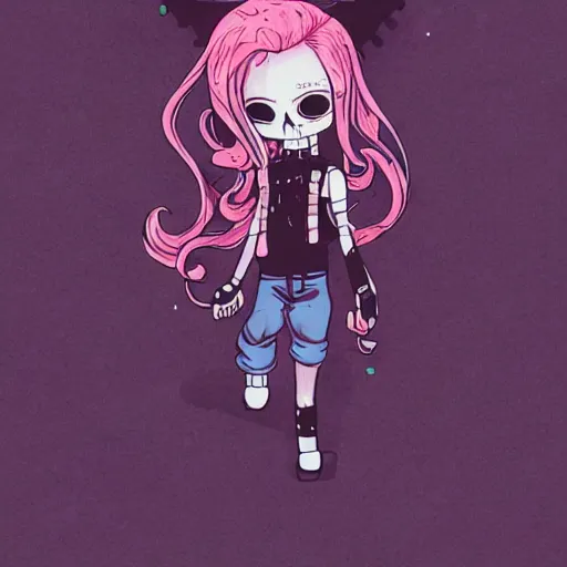Image similar to view drawing full body un magic pose, portrait of a grungy skull anime and chibi very cute doll by super ss, cyberpunk fashion, curly pink hair, night sky, looking up, by wlop, james jean, victo ngai, muted colors, highly detailed