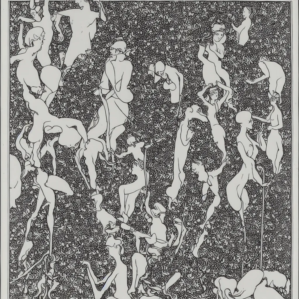 Prompt: engraving by Aubrey Beardsley, monochromatic