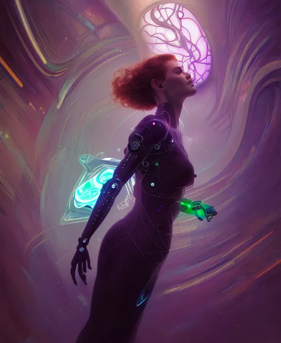 Image similar to a whirlwind of souls rushing inside the metaverse, hologram, half body, neurochip, shaved temple, piercing, jewelry, android, cyborg, cyberpunk face, by loish, d & d, fantasy, intricate, elegant, highly detailed, colorful, digital painting, artstation, concept art, art by artgerm and greg rutkowski and alphonse mucha