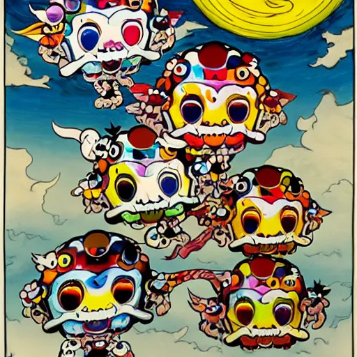 Image similar to Three demons flying up from a desert canyon in the style of Takashi Murakami