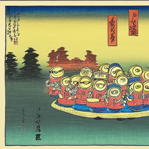 Prompt: minions eating large pieces of matzah, colorful background, in the style of Utagawa Hiroshige
