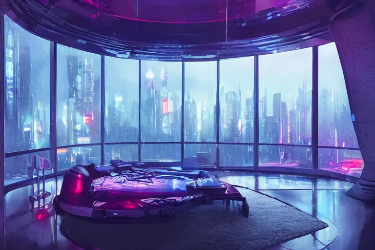 Image similar to a futuristic bedroom with large curved ceiling high windows looking out to a far future cyberpunk cityscape, cyberpunk neon lights, raining, scifi