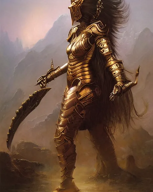 Image similar to beautiful female warrior, half body portrait, long flowing hair, heavy gold armour, realistic oil painting by thomas cole and wayne barlowe