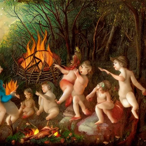 Image similar to painting of nymphs dancing around a campfire in the middle of the forest, happy, playful, joyful