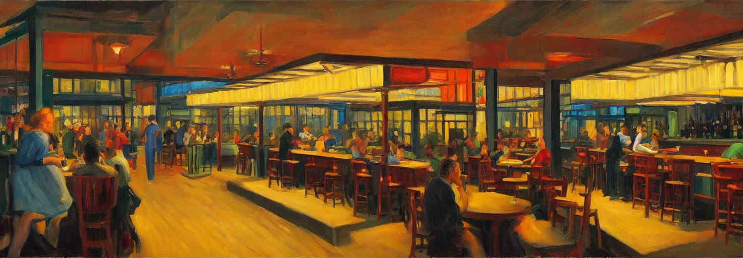 Image similar to a lively bar along the waterfront in the style of an edward hopper painting