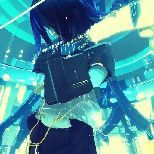 Image similar to Frequency indie album cover, luxury advertisement, blue filter, blue and black colors. Clean and detailed post-cyberpunk sci-fi close-up schoolgirl in asian city in style of cytus and deemo, blue flame, relaxing, calm and mysterious vibes, by Tsutomu Nihei, by Yoshitoshi ABe, by Ilya Kuvshinov, by Greg Tocchini, nier:automata, set in half-life 2, Matrix, GITS, Blade Runner, Neotokyo Source, Syndicate(2012), dynamic composition, beautiful with eerie vibes, very inspirational, very stylish, with gradients, surrealistic, dystopia, postapocalyptic vibes, depth of field, mist, rich cinematic atmosphere, perfect digital art, mystical journey in strange world, beautiful dramatic dark moody tones and studio lighting, shadows, bastion game, arthouse