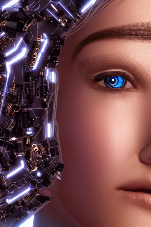 Image similar to close up headshot of Natalie Portman as a female android, intricately detailed mechanical parts, complicated circuits and wires, beautiful gazing symmetric blues eyes, unreal engine, path tracing, 8k, artstation