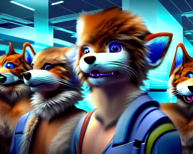 Image similar to high - resolution photograph from a nanopunk era furry fandom convention ( midwest furfest 2 0 4 7 ), taking place after the genetic revolution and singularity. photorealistic.