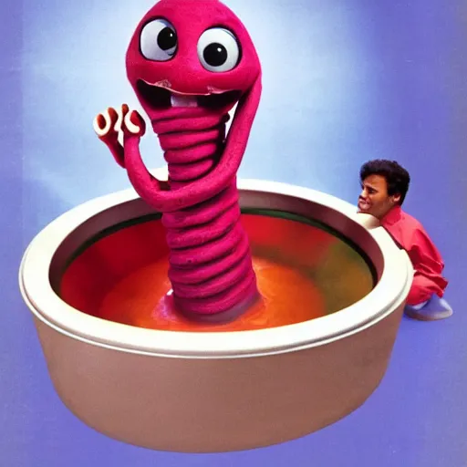 Image similar to an anthropomorphic intestine in a bathtub, live-action children's television show, 1974, technicolor